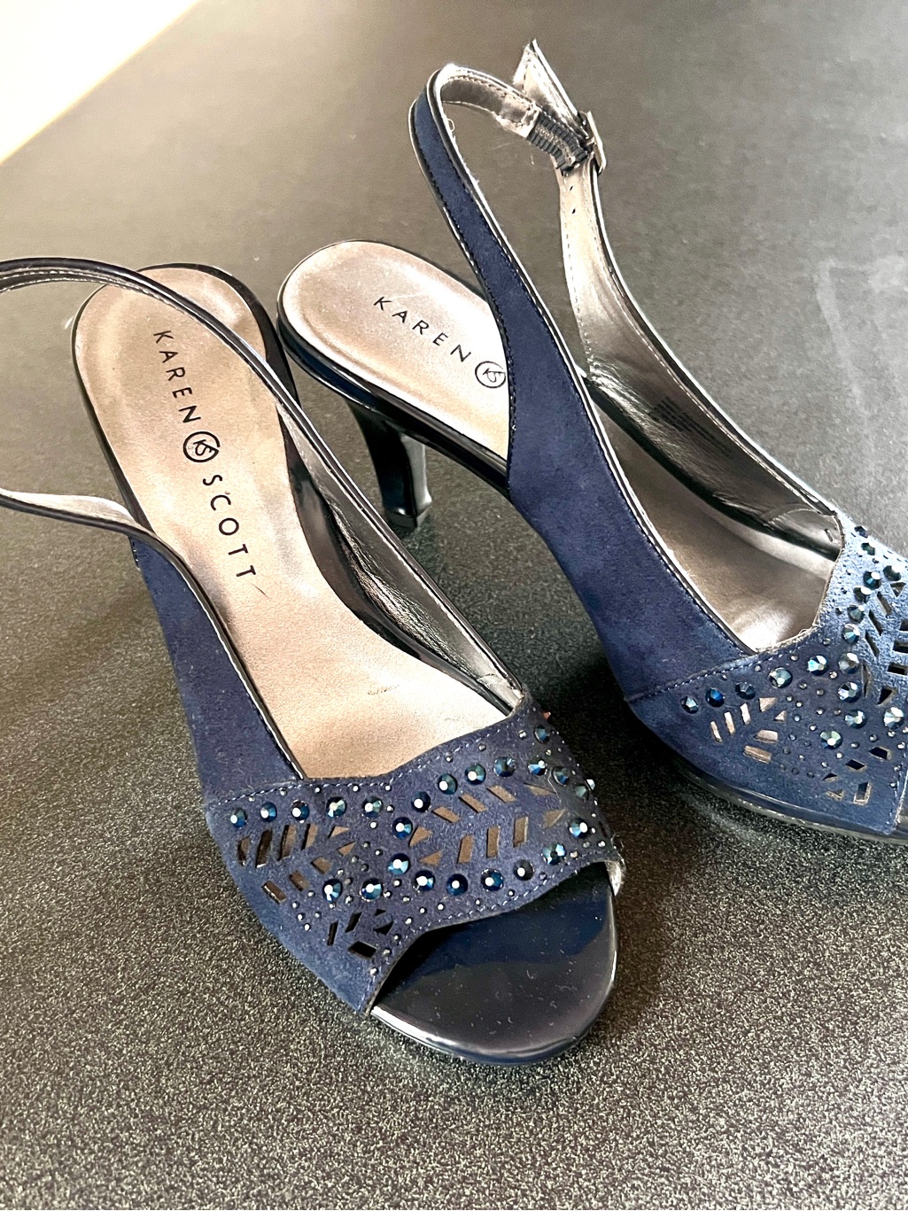Karen Scott Navy Suede-Look Slingback Heels With Rhinestone Cutouts